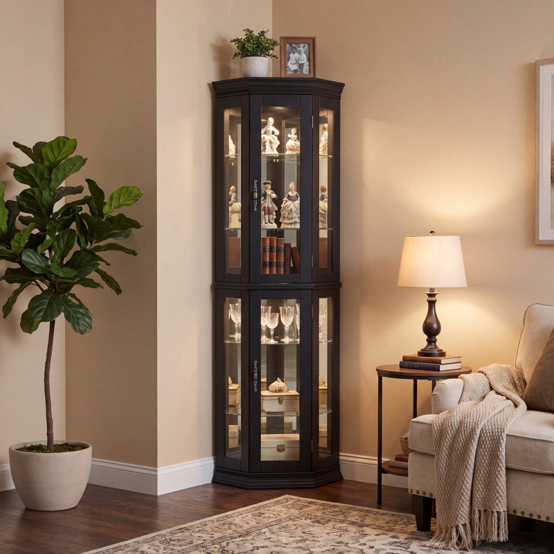 Vitrine de coin lumineuse avec portes en verre et tablettes en verre, Black Finish