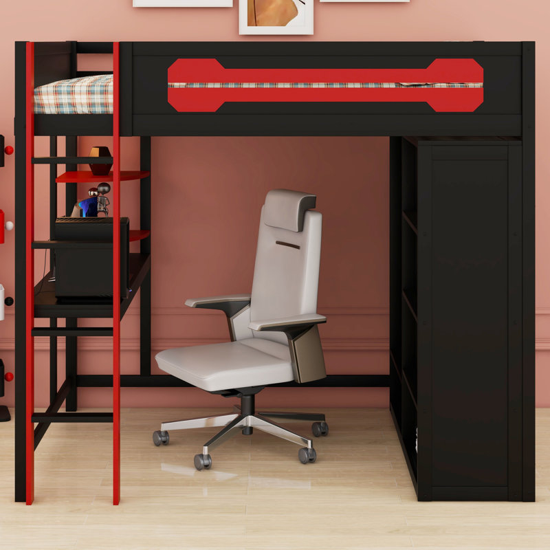 Space-Saving Wood Loft Bed with Desk, Wardrobe Storage and RGB Light, Green