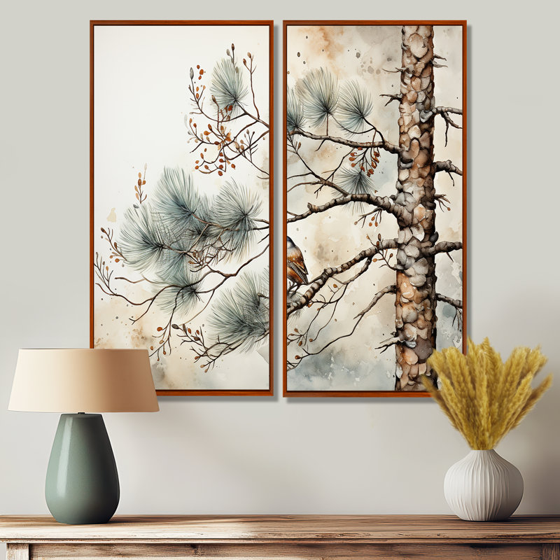 Oiseau sur pin II - art mural traditionnel vert, H 40 po x l 40 po, Reproduction encadrée sans passe-partout, Brun
