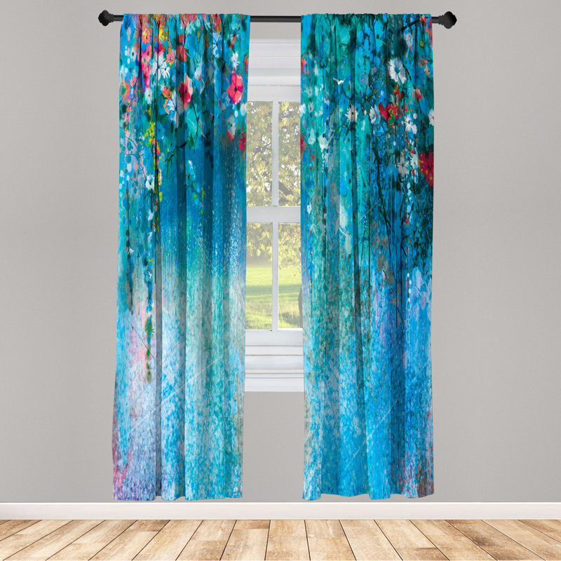 Blue Floral Microfiber Room-Darkening Rod Pocket Curtain Panels