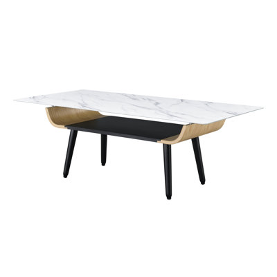 Table basse à plateau en marbre blanc de 47 po, conception en bois cintré, surface en verre avec pieds