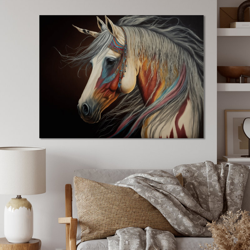 Cheval indien avec crinière colorée V - décoration murale moderne en métal, H 12 po x l 20 po x P 1 po