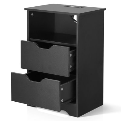 15.7" White Nightstand, P2 Particleboard, Matte Melamine, Handleless, 2 Drawers, US Outlet (2 Pcs)