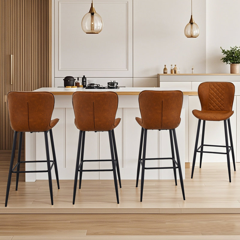 Abraham Set Of 4 Bar Stool Faux Leather Counter Height Modern Bar Stools With Back Metal Legs And Footrest Urban Armless Dining Chairs PU Leather Bar Stool For Kitchen Island Rustic