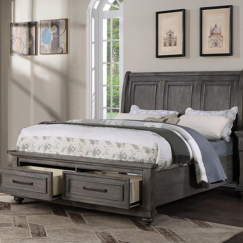Très grand lit gris antique, rangement sous le lit, tiroirs