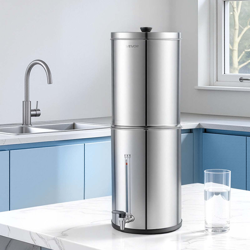 Gravity-fed Water Filter System, 3.25G 304 Stainless-Steel Countertop Water Filtration System, Reduces Lead and up to 99% of Chlorine, with 2 Carbon Filters, Water Level Spigot, for Home Camping