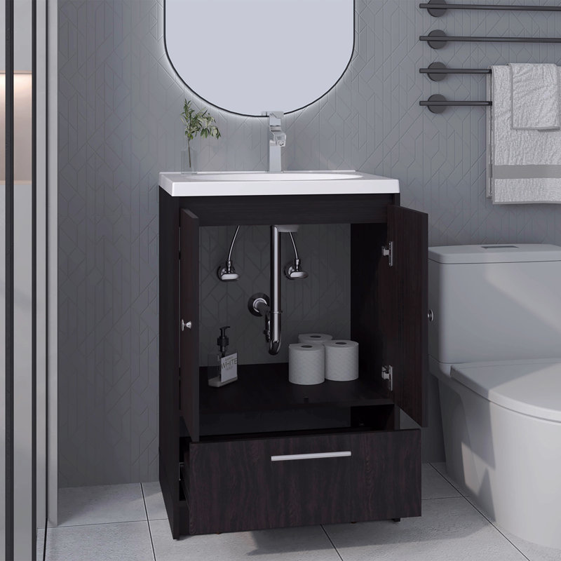 Meuble-lavabo avec lavabo, 2 portes, 1 tiroir, Noir