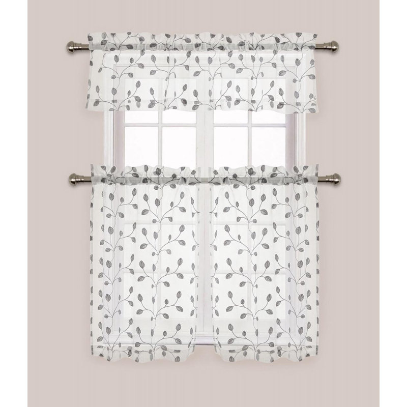 Hair Floral Tailored Kitchen Curtain, White/Gray