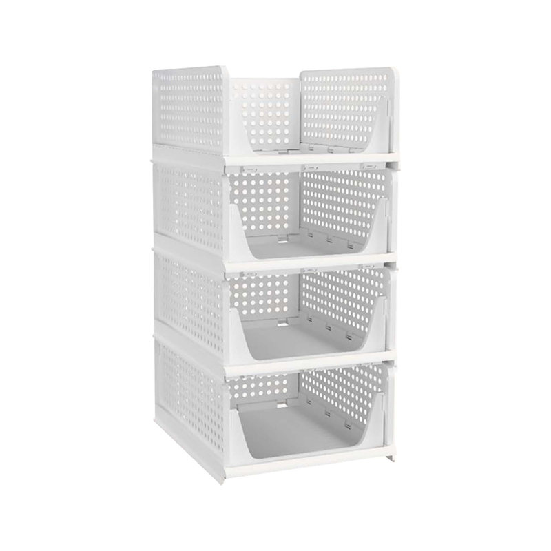 4 Pack Stackable Storage Baskets – Foldable Plastic, Drawer Shelf Containers, White, Closet Kitchen Bathroom Office Dorm Organizer
