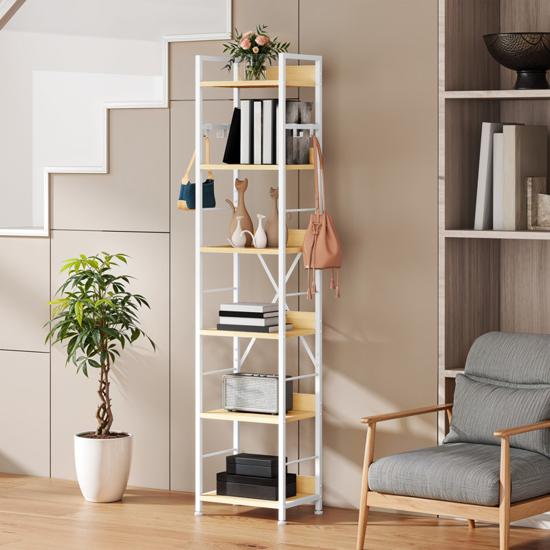 17 Stories 6-Tier Floor Standing Bookcase With 4 Hooks, Beige