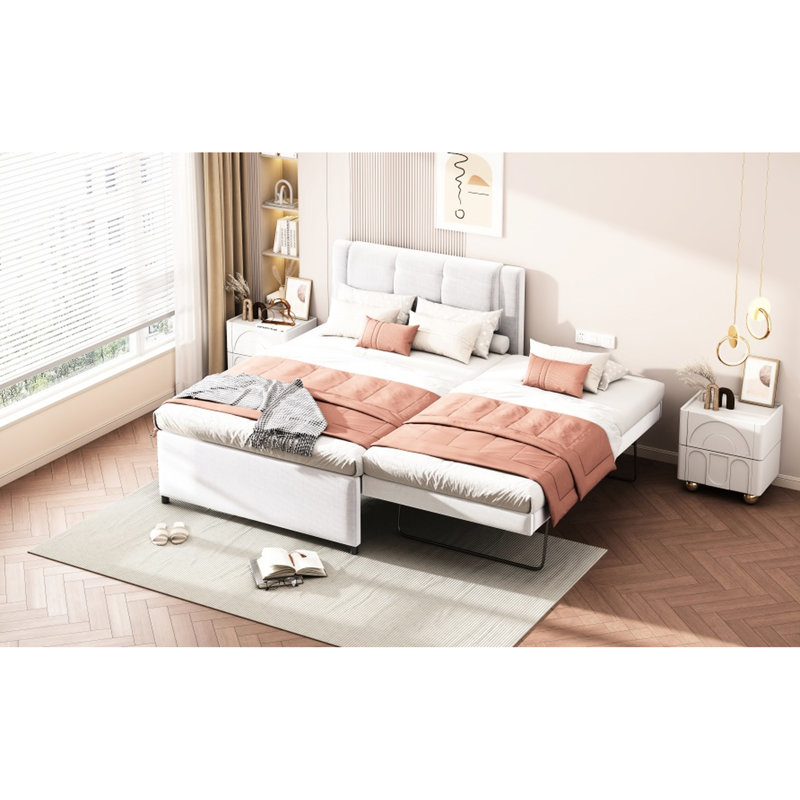 Lit plateforme double avec revêtement beige. Bois de pin +. Tête de lit pour une nuit confortable. Pas de sommier tapissier. Cadre de guide d'assemblage rapide. Ajout de relaxation. Et facile
