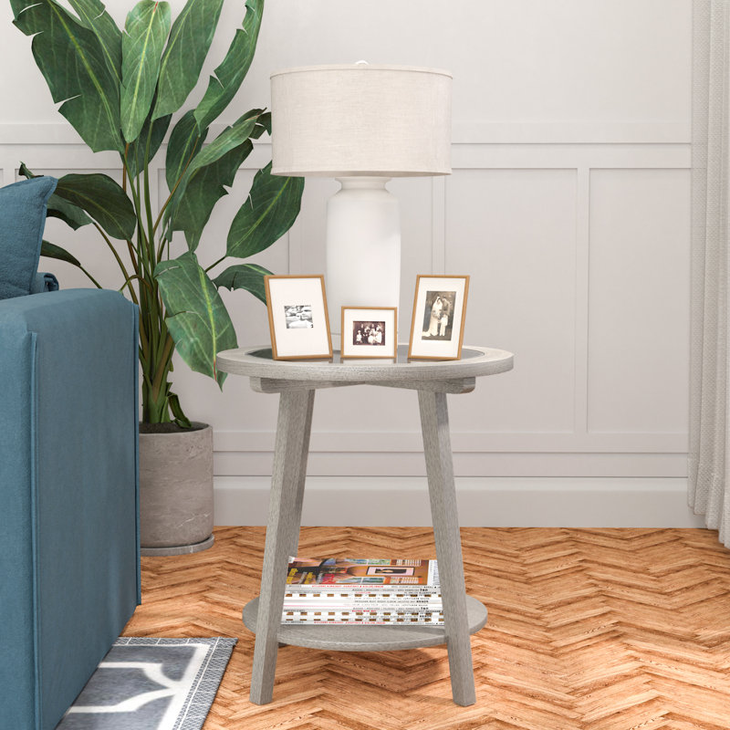 Table de bout à 2 niveaux avec plateau en verre trempé, table d'appoint ronde en panneau de fibres à densité moyenne avec tablette de rangement, table d'appoint en bois moderne pour le bureau de la chambre à coucher, argent antique