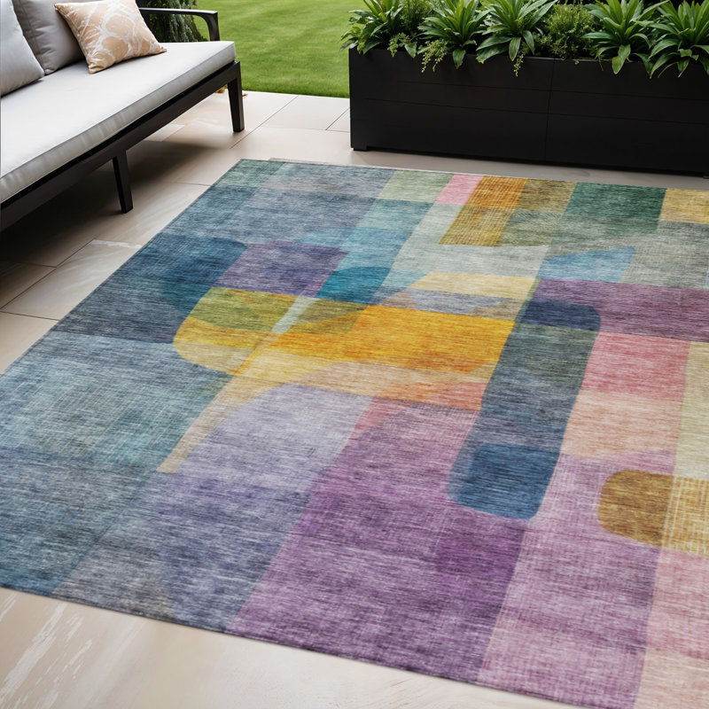 Tapis extérieur lavable abstrait bleu, vert et mauve 5 pi x 8 pi