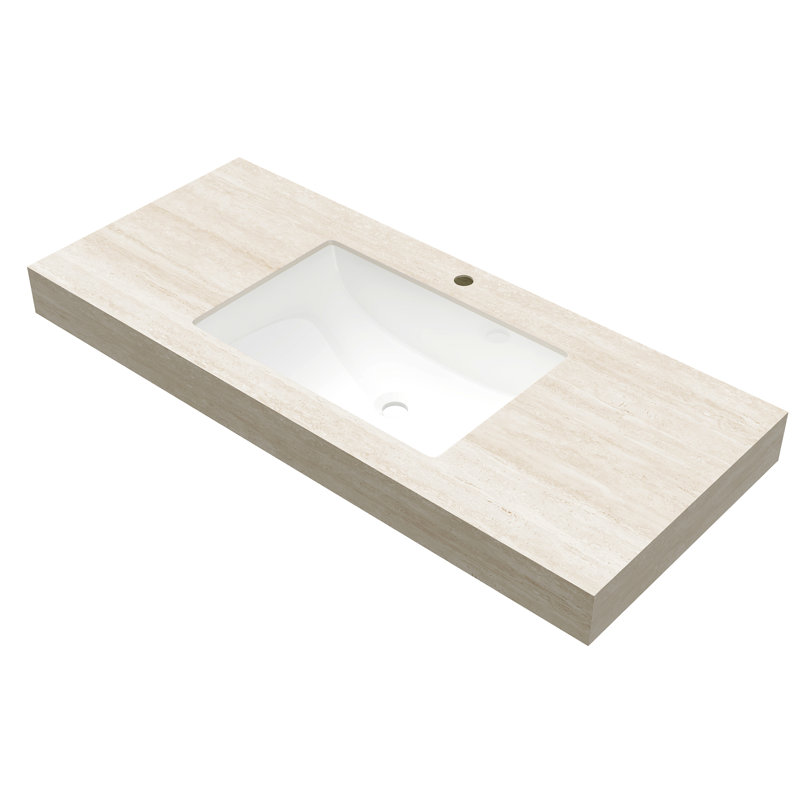 - Comptoir en pierre frittée à motif et lavabo rectangulaire encastré en céramique blanche, trou de robinet pré-percé simple, résistance à l'eau, conception de fuite standard d'une largeur de 18,93 po,