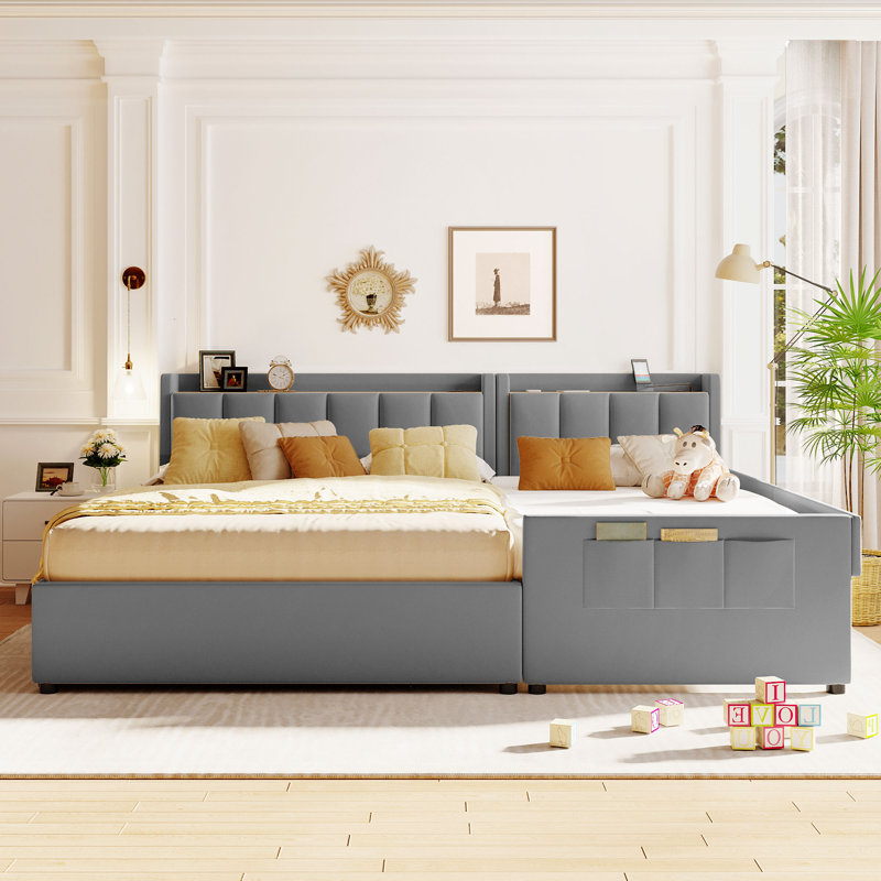 Grand lit plateforme tapissier grand lit, lit mère et enfant avec système de rangement hydraulique, tiroir, tablette de rangement pour tête de lit et deux paires de prises et ports USB, cuir synthétique