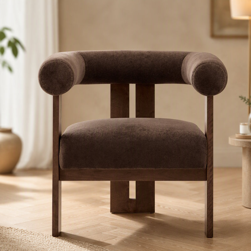 Chaise d'appoint moderne rembourrée avec accoudoirs ronds, Velours brun foncé