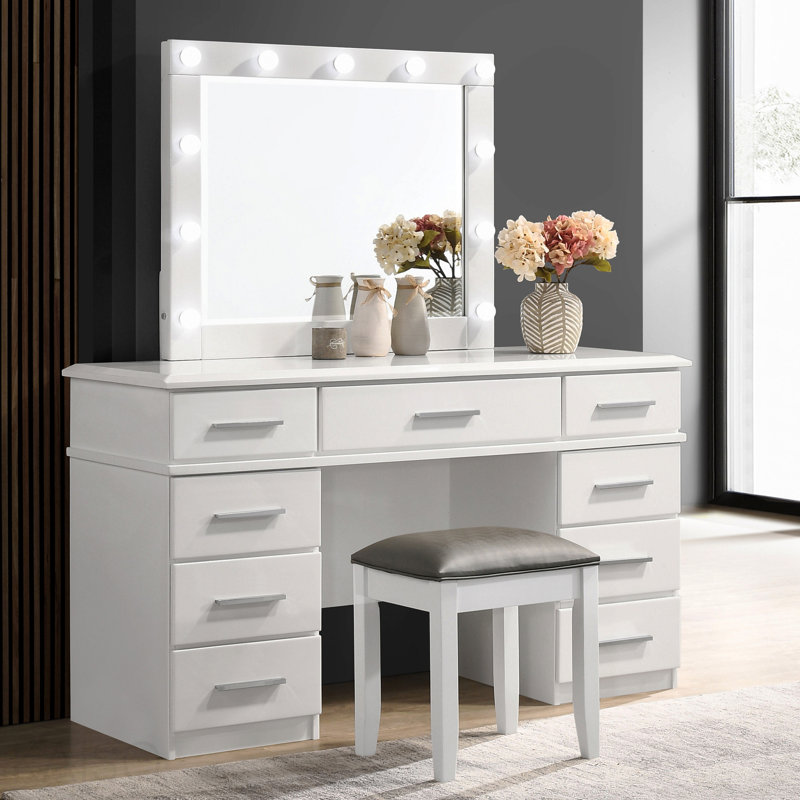 Bureau de coiffeuse 9 tiroirs blanc brillant