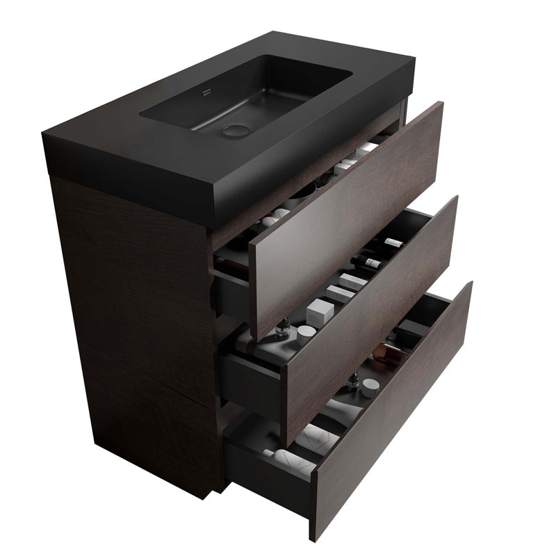 Meuble-lavabo autoportant moderne avec lavabo sans drain et robinet, Noyer, Noir