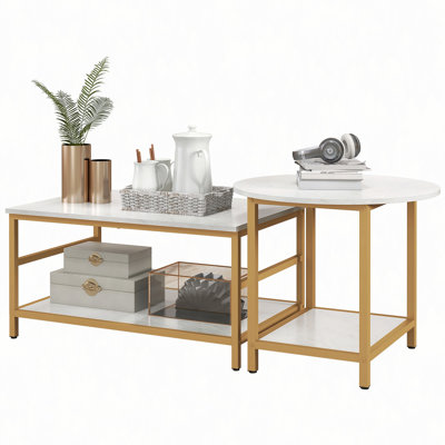 Coffee Tables Set of 2, 2-Rier Rectangle and Round Coffee Table with Storage Shelves, Faux Marble Top and Steel Frame, Sofa Side Table for Living Room