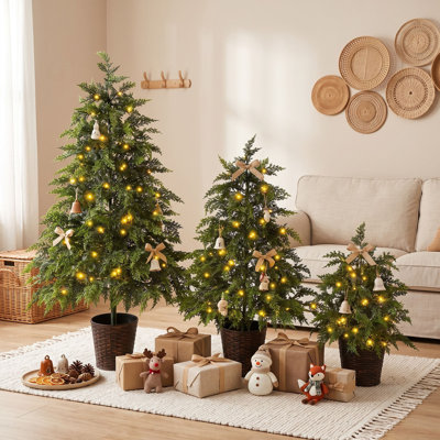 3-Piece Pre-Lit Potted Artificial Christmas Trees with Warm LED Lighted, Cascading Branches and Sturdy Potted Base