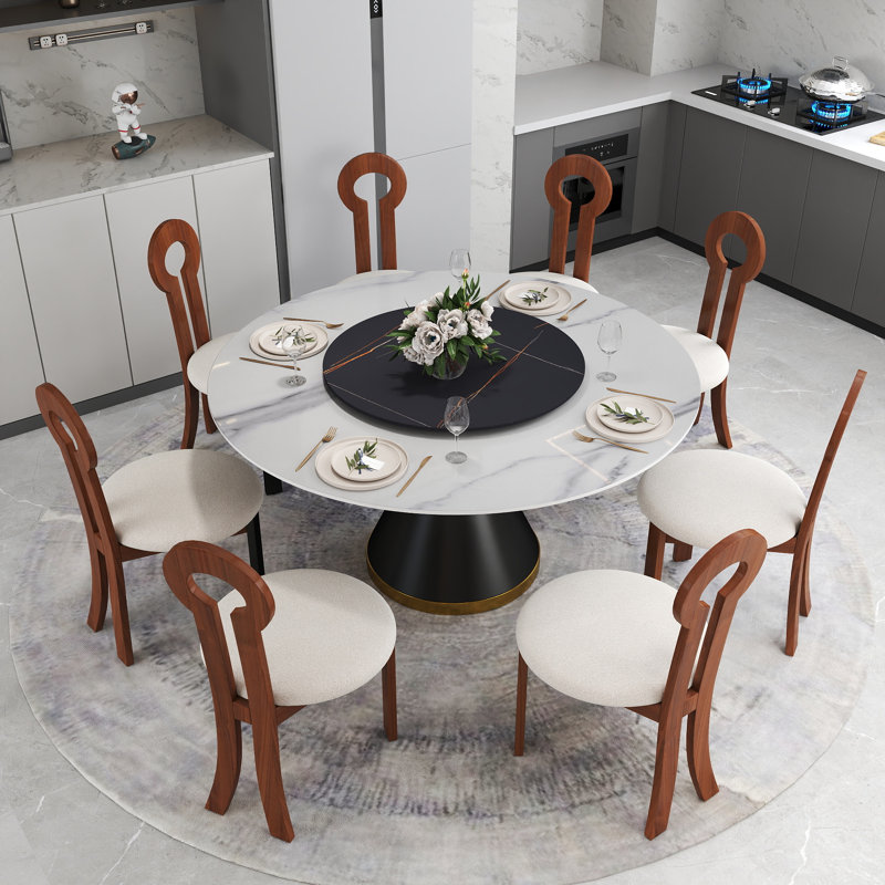 Table de salle à manger moderne à 8 sièges en pierre frittée avec plateau rotatif, chaises de salle à manger modernes en forme de clé
