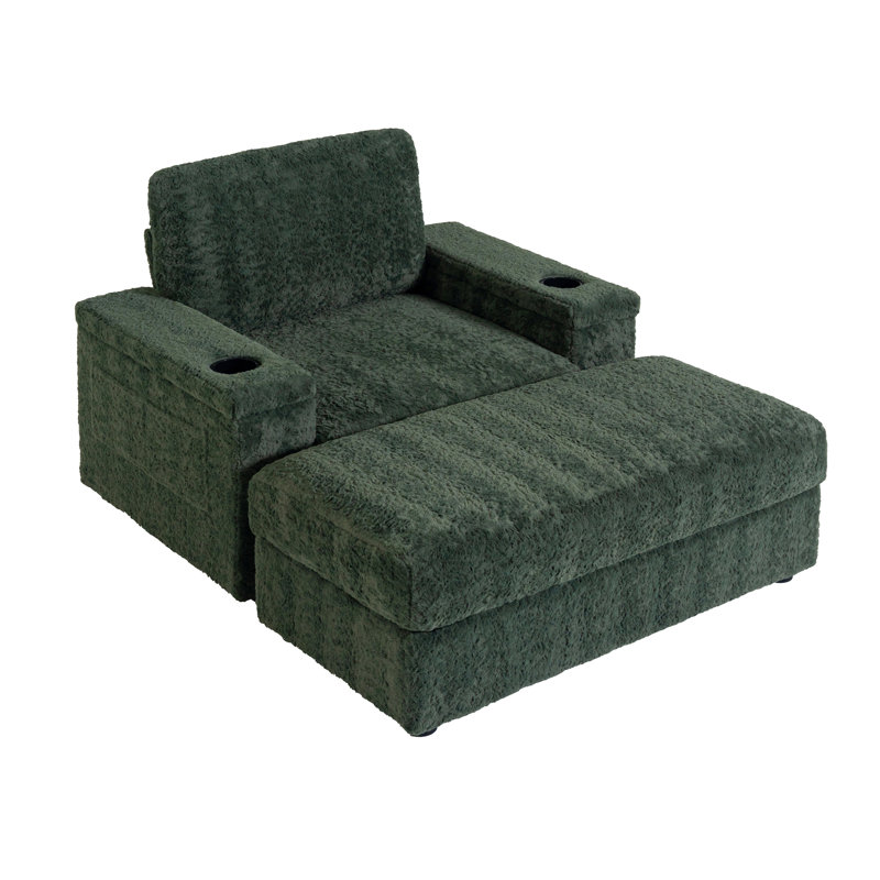 Canapé-lit surdimensionné de 42 po pour l'intérieur, canapé en fausse fourrure de lapin avec repose-pieds avec rangement et accoudoirs, porte-gobelets, fauteuil-lit rembourré, canapé de lecture avec assise profonde