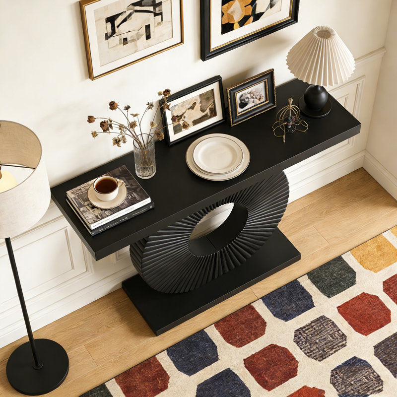 Modern Wood Sofa Table with Geometric Base, Black