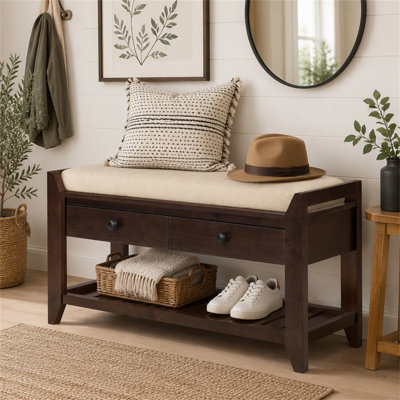 TREXM  Shoe Rack with Cushioned Seat and Drawers, Multipurpose Entryway Storage Bench