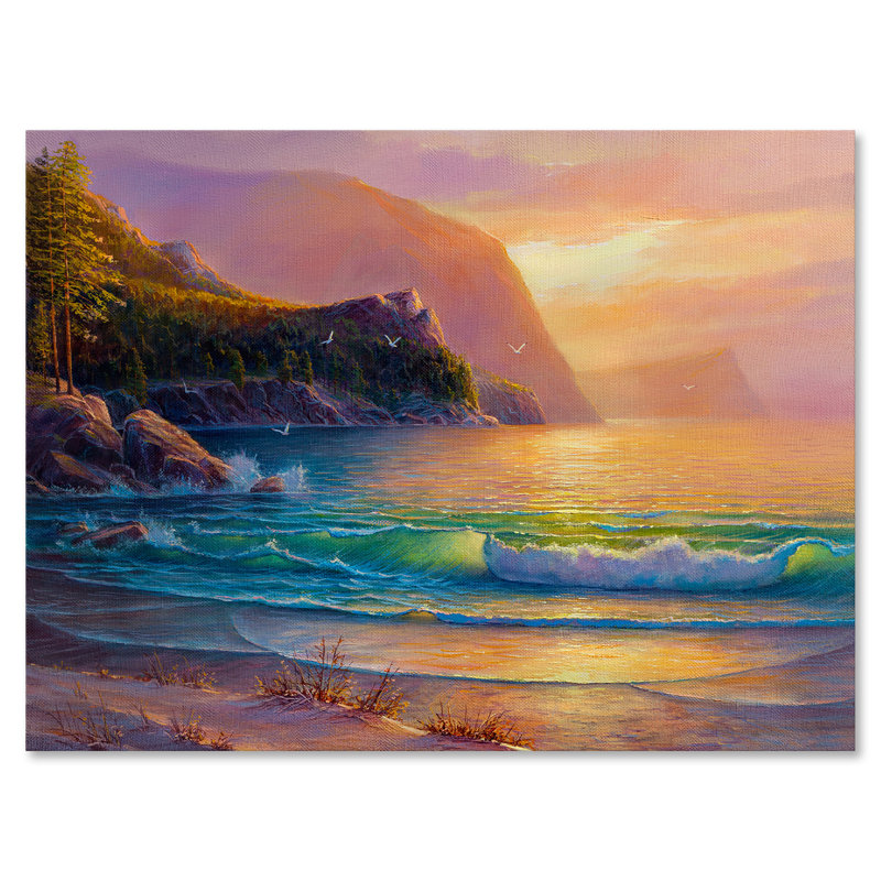 Plage romantique pendant un coucher de soleil chaud - Impression sur toile, H 24 po x l 32 po x P 1 po, Toile tendue