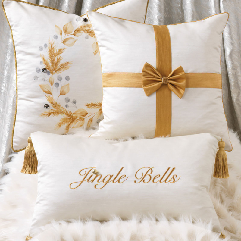 White and Gold Embroidered Lumbar Pillow with Tassels