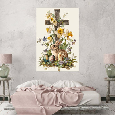 Art mural lapin de Pâques de Timuba - Lapin, Pâques, décoration murale avec œufs et fleurs printanières, peinture sur toile, œuvre d'art chrétienne et religieuse pour la décoration intérieure, 24 po x 36 po
