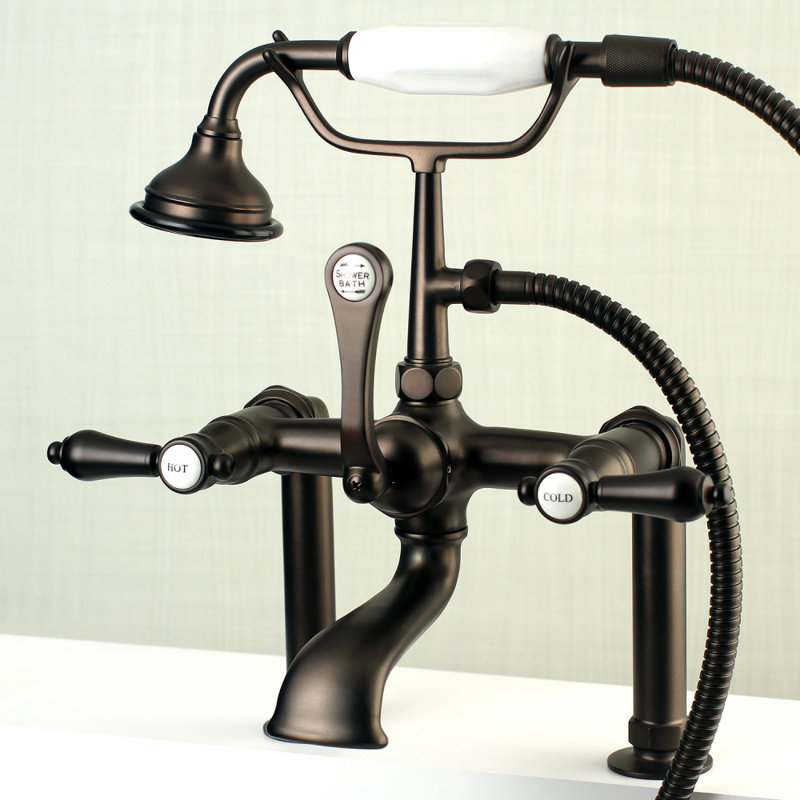Robinet de baignoire à pattes à fixation sur plateau à trois poignées avec inverseur et douchette Bel-Air, Bronze huilé