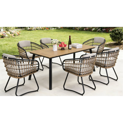 7 Outdoor Dining With Wood Table, Handwoven Seating, Rustproof Frames, Water-repellent Cushions, Scandinavian Style For Garden Gatherings Table And Furniture, Weather- , Comfortable Removable Modern