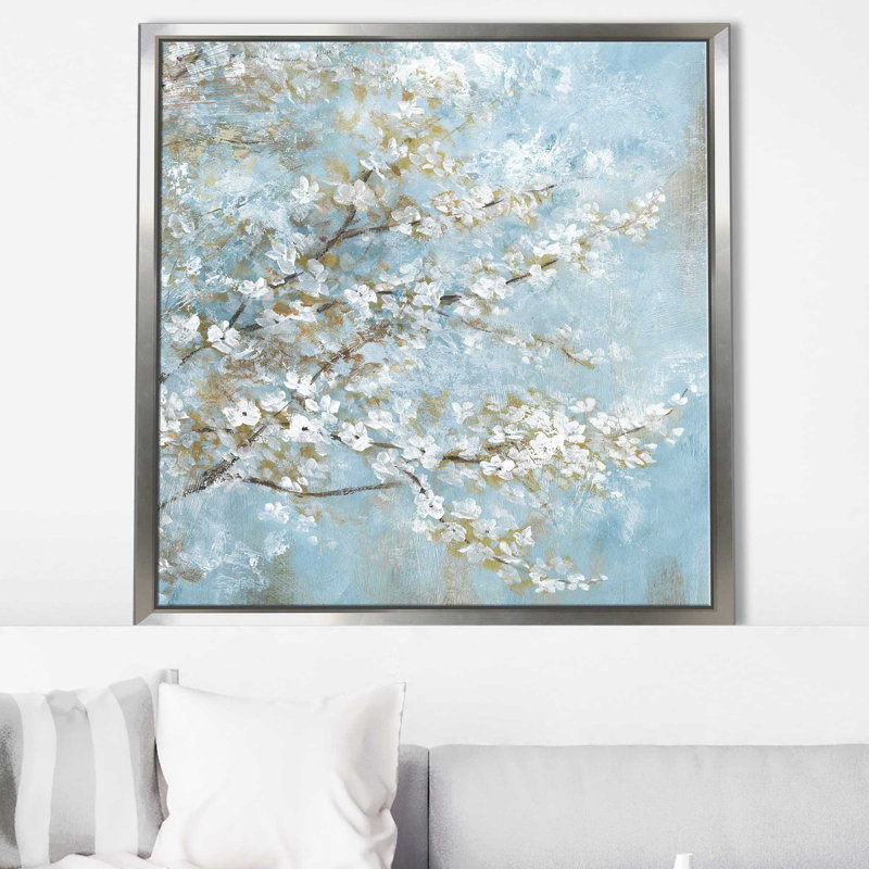 «White Blossoms» par Nan - Peinture, Cadre flottant argent, H 27,5 po x l 27,5 po x P 2 po