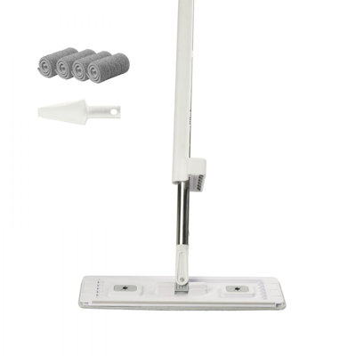 Nettoyeur à plancher plat en microfibre avec 4 tampons réutilisables et lavables pour le nettoyage des sols secs et humides, serpillère plate en microfibre avec poignée en acier inoxydable pour vinyle stratifié