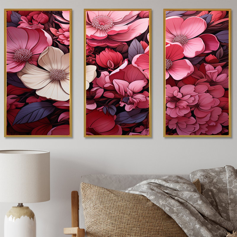 «Pink Twilight Poppies Glow Collage» - Art mural coquelicots, Cadre flottant doré, H 28 po x l 36 po x P 1 po