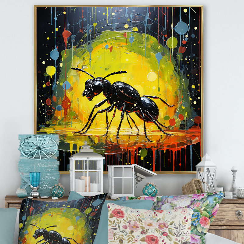 Neon Pioneers, fourmi noire sur toile, Cadre flottant doré, H 16 po x l 16 po x P 1 po