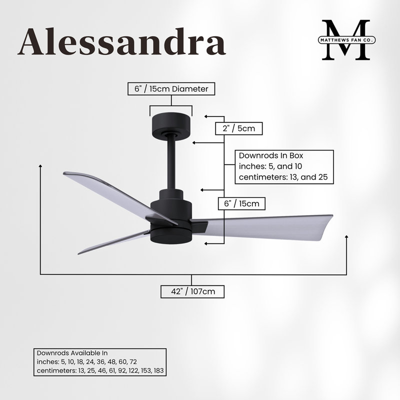Alessandra Outdoor Downrod Ceiling Fan, Matte Black, Brushed Nickel