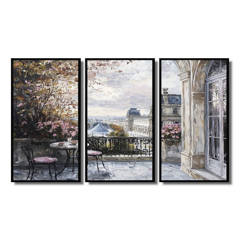 «Rose Parisian Elegance Louvre Musee - City Paris», ensemble de reproductions d'art mural, Toile avec cadre flottant noir