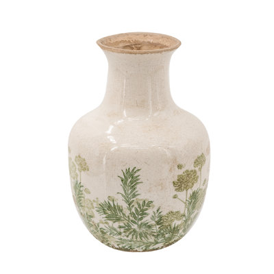 7X7x10" Rounded Ceramic Vase With White Finish And Green Botanical Motifs