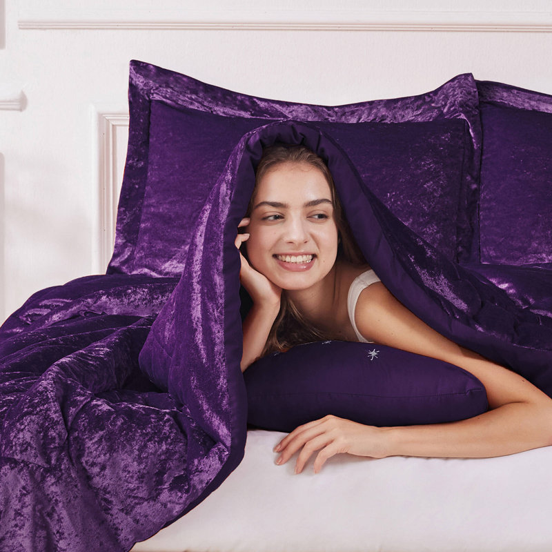 Ensemble d'édredon en velours écrasé Felicia avec coussin décoratif, Édredon simple / simple TG + 1 taie décorative s, Mauve
