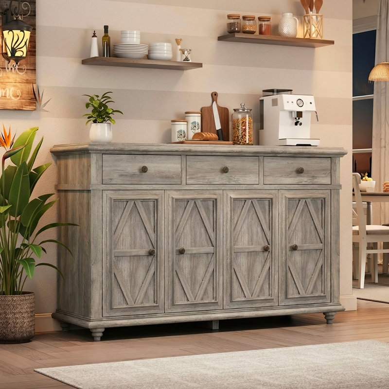 Saskia 4-Door 3-Drawer Sideboard With Farmhouse Design, Gray Carlo Oak