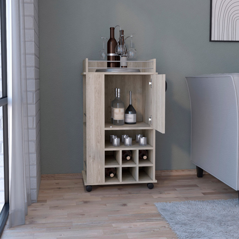 Chariot-bar avec 6 porte-bouteilles et roulettes intégrés, Gris