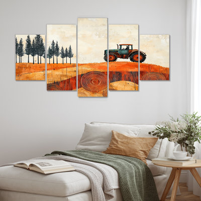 Automne, grange avec tracteur, paysage I - ferme, art mural - campagne, art mural sur toile 5 pièces