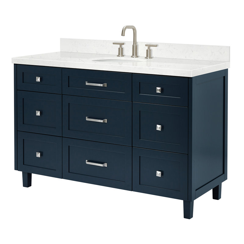 ARIEL Monroe 54 Single Sink Bathroom Vanity with Carrara Quartz Top, Midnight Blue, 54" - 55", Carrara White Quartz