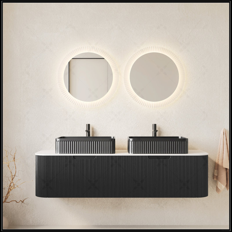 Meuble-lavabo mural de 60 po avec lavabos, bords arrondis flottants, armoire de rangement rayée, 2 lavabos en céramique noire, pré-assemblé