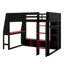 Lit mezzanine double pleine grandeur avec bureau, tablettes à plusieurs rangements, porte-vêtements à DEL et à suspendre, cadre de lit en bois peu encombrant pour dortoirs, appartements-226880327