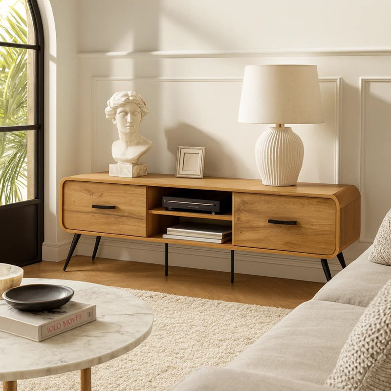 Wea TV Media Console, 71 Inch, 2 Drawers W Open Shelves, Oak Brown