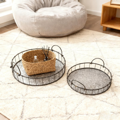 Ensemble de 2 plateaux ronds en fer avec poignées, plateaux de service ou de présentation en métal noir portables pour centre de table ou plateau de comptoir