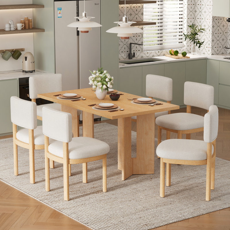 Table de salle à manger en bois pour 6 personnes avec 6 chaises rembourrées Farmhouse, Natural Wood Wash
